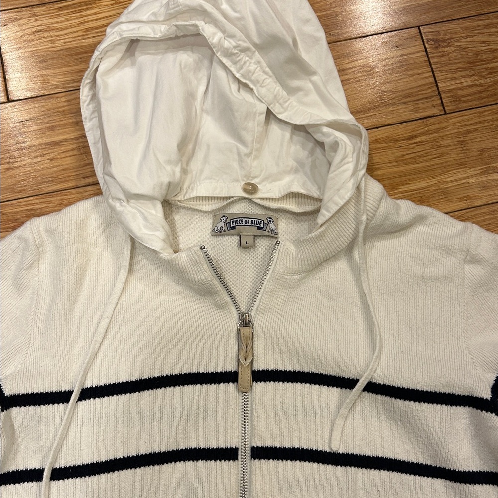 Piece of Blue Danish Design White Nautical Hoodie Navy Stripes L East Coast Prep